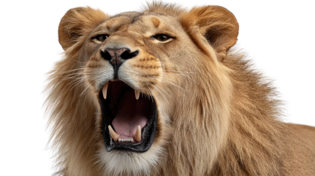 Roaring Lion in Focus: A majestic lion's head, captured in a close-up shot, showcases its powerful roar, revealing sharp teeth and the essence of its wild nature.