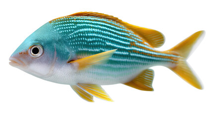 Fototapeta premium Vibrant Fish Amidst Ocean: An exotic fish, a beautiful combination of colors and stripes, glides effortlessly, against the mysterious realm of the ocean, exhibiting the natural beauty of marine life.