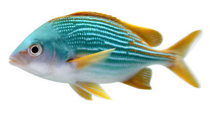 Vibrant Fish Amidst Ocean: An exotic fish, a beautiful combination of colors and stripes, glides effortlessly, against the mysterious realm of the ocean, exhibiting the natural beauty of marine life.