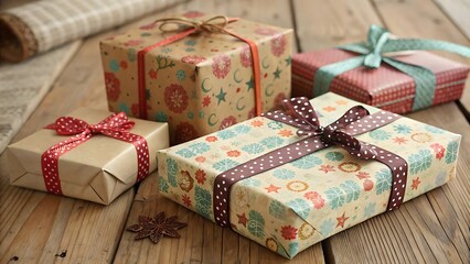 Wrapped gift with gold ribbon and floral patterned paper on a white surface in a studio setting