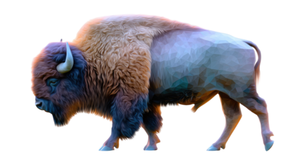 Majestic American Bison in Motion: The magnificent American bison strides confidently across a pristine terrain, showcasing its robust build, powerful physique, and iconic horns.