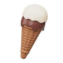 Delicious Vanilla and Chocolate Ice Cream Cone on Transparent Background Rendered with 3D Effect Brown Waffle Cone and Smooth Glazed Ice Cream