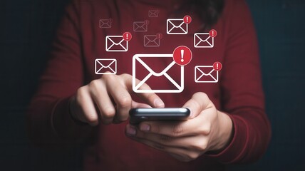 Urgent email notifications flood smartphone screen as user scrolls through messages, representing communication overload and digital alerts.
