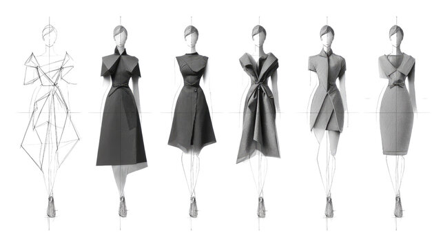 Fashion Design Sketch: Artistic rendition of a series of elegant dresses, showcasing the stages from initial sketch to refined design. Each dress offers unique silhouette and sophisticated aesthetic