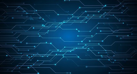 Abstract blue digital circuit board pattern with glowing lines and nodes