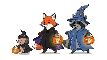 Whimsical Halloween Trio: A charming illustration of a hedgehog, a fox, and a raccoon, each dressed in playful Halloween costumes, carry glowing jack-o'-lanterns.