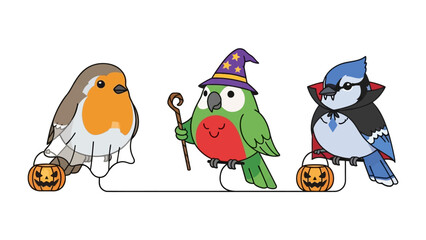 Halloween Birds Costume: Three adorable birds dressed up in Halloween costumes pose playfully, bringing a festive atmosphere and a touch of the holiday spirit to life.