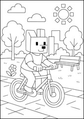 A blocky dog character riding a bicycle in the park, perfect as a black-and-white coloring page.