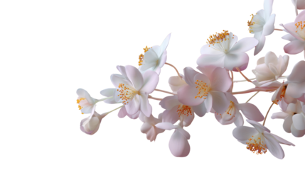 Delicate Blossoms: A cluster of elegant, pure white flowers, with hints of pink and golden stamens, gracefully adorns a slender branch, offering a vision of pristine beauty and tranquility.