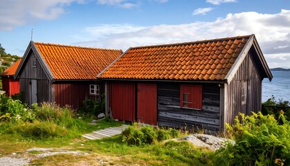 Coastal wooden sheds with terracotta roofs under a partly cloudy sky
