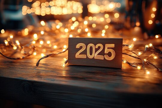Wooden block with glowing 2025 numbers surrounded by warm string lights on a wooden surface creating a festive and hopeful ambiance