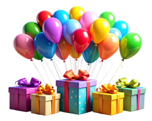 Cheerful 3D scene featuring colorful balloons floating above party hats and gift boxe 