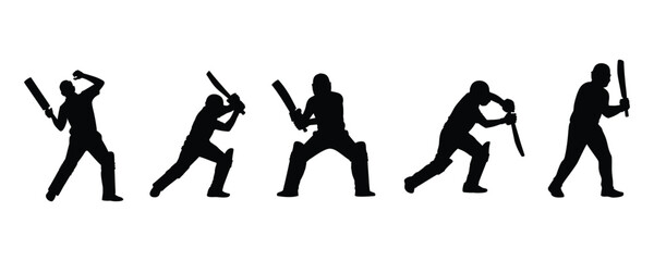 Cricket player silhouette vector on white background. batting, stance, sport, bat, ball, game, team, match, athlete, action, symbol.