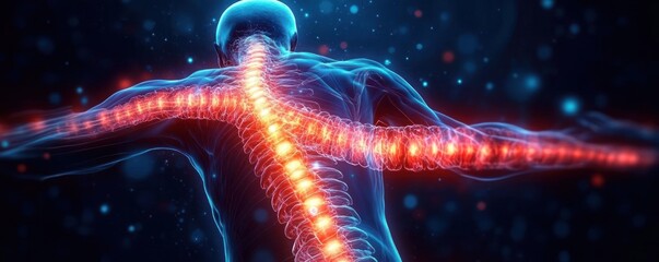 Digital illustration of a human figure highlighting the glowing spinal cord and nervous system in a dynamic pose with an abstract blue and red background
