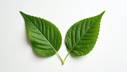 Two bright green leaves facing, symmetrical, on white