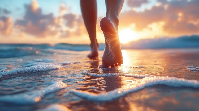 Close-up of bare feet walking gently on wet beach sand with foamy waves under a golden sunset sky, evoking peace and relaxation