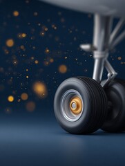 Airplane landing gear wheel assembly with chrome finish aviation industry close-up photography dark background technical concept