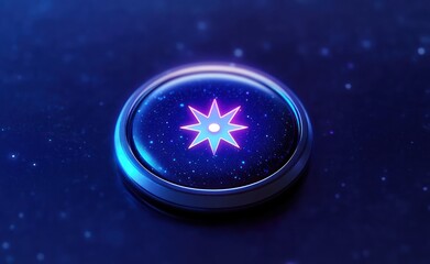 Glowing neon eight-point star symbol illuminated on a sleek circular button with a cosmic starry background conveying futuristic and technological vibes