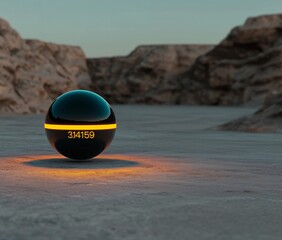 3.14159 High-tech holographic sphere glowing in desert landscape futuristic art remote location digital concept