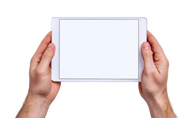 Hands holding a tablet computer with blank screen