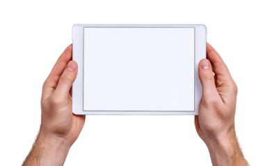 Hands holding a tablet computer with blank screen