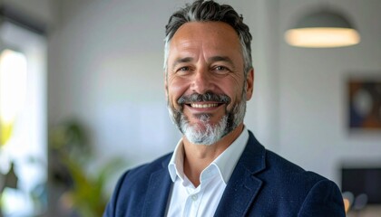 Fototapeta premium A middle-aged professional businessman in his 50s standing in his office looking at the camera.