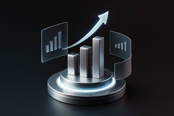 Futuristic 3d bar graph with upward trending arrow and holographic data screens symbolizing financial growth and success