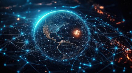 Obraz premium Digital earth globe with illuminated cities connected by a glowing blue network grid symbolizing global communication and technology