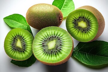 Fototapeta premium Fresh green kiwi fruits with fuzzy brown skin sliced in half revealing bright green flesh and black seeds arranged on green leaves