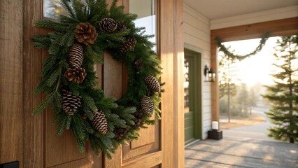 Festive presents arranged near a window on a wooden surface with pinecones and greenery nearby
