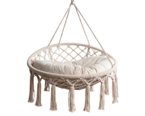 An isolated boho-style hanging chair made of woven cotton rope in macramé design, sus 