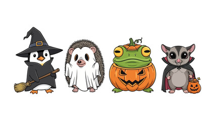 Halloween Animal Parade: A cute illustration of animals ready for Halloween, with a penguin witch, a hedgehog ghost, a frog-pumpkin, and a vampire mouse.