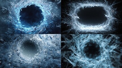 Four composite views showing icy, crystallized structures swirling and framing dark voids