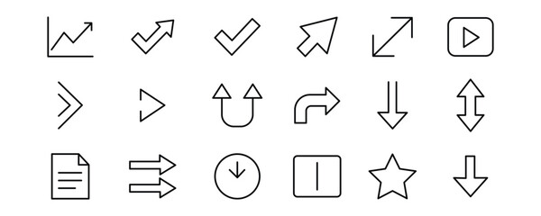Arrow icon set vector on white background. drawn, design, web, interface, symbol, sign, element, direction, graphic, button, pointer, navigation, symbol.