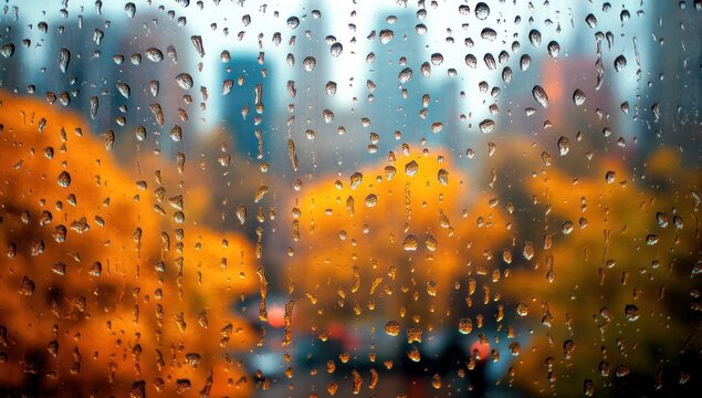 Raindrops on window with blurred view of autumn trees and city buildings in the background creating a calm and reflective atmosphere