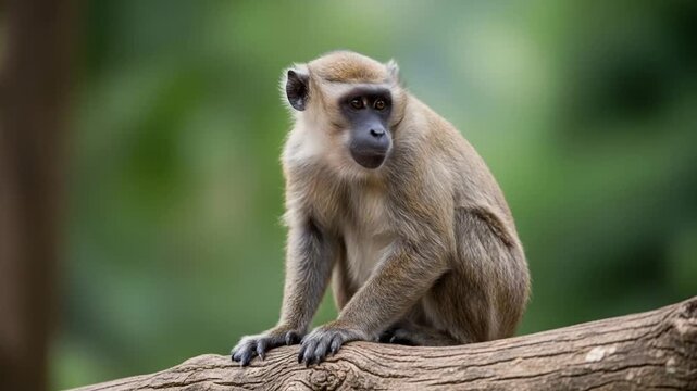 A monkey sits on a tree branch with a blurred green background