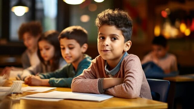 Warm, candid video scene of children in a classroom, captured at eye level. Focus on a smiling boy, creating an engaging and lively atmosphere.