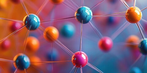 Colorful interconnected spheres representing a molecular or atomic structure in a glowing, vibrant environment