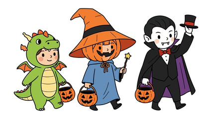 Whimsical Halloween Parade: Three playfully costumed figures, a friendly dragon, a cheerful jack-o'-lantern, and a dapper vampire, embark on a merry Halloween parade.