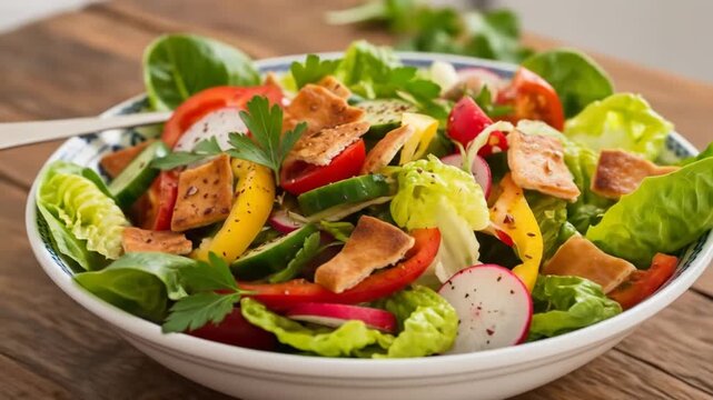 Fresh salad in a bowl with pita bread tomatoes cucumbers and radish