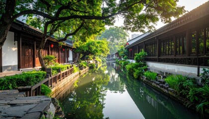 Obraz premium Traditional White Residence with Stone Path and Bamboo Plants along Canal in Daylight