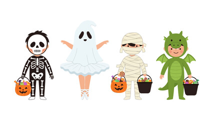 Costumed Kids at Halloween: Delightful children in a variety of costumes, each clutching a candy-filled bucket, captured in a playful illustration, ready for Trick or Treat.