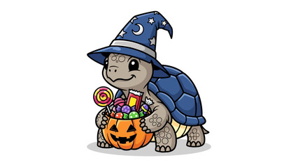 Spooky Turtle's Halloween Haul: A charming cartoon turtle, dressed as a wizard with a playful grin, clutches a pumpkin-shaped basket brimming with treats, epitomizing the fun of Halloween.