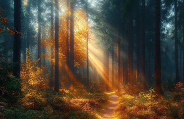 Obraz premium Sunlight streaming through tall evergreen trees illuminating a forest path with autumn foliage creating a serene and magical atmosphere