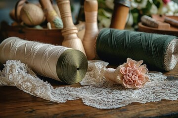 Close-up of large spools of thread and lace fabric with wooden lace bobbins on a rustic wooden table evoking a vintage textile crafting atmosphere