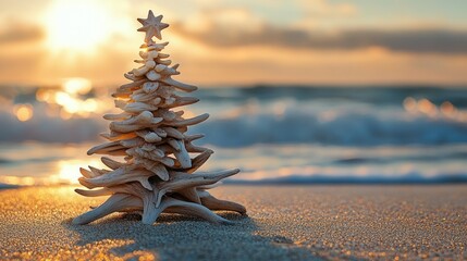 Small Christmas tree made of driftwood and a star on top standing on sandy beach during golden sunset with ocean waves in background