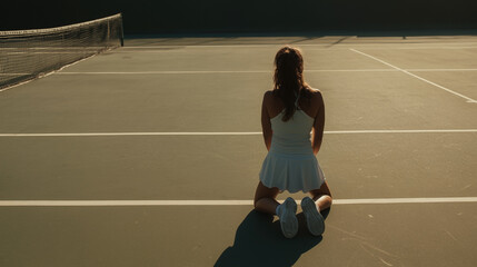 A woman is kneeling on a tennis court