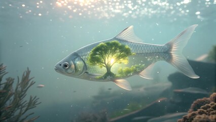Fototapeta premium Surreal underwater scene a translucent fish with a lush green forest reflected within its body