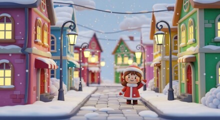 A girl in a red coat is standing on a snowy street in front of a building
