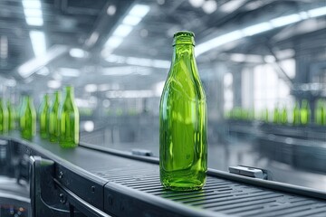 Green glass bottle on factory conveyor